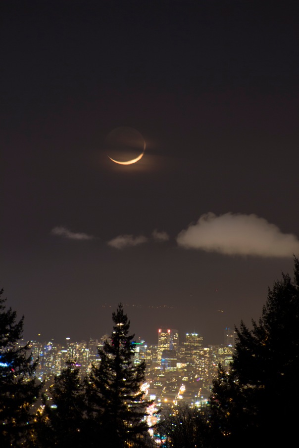 Fiery Crescent Moon Over Vancouver